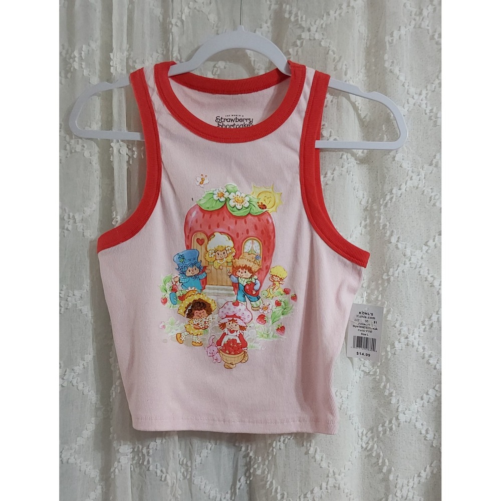 Strawberry Shortcake Pink Ribbed Cropped Ringer Tank Top Large NWT